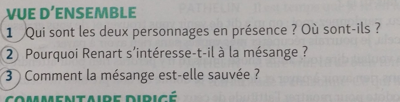 VUE D’ENSEMBLE 
1 Qui sont les deux personnages en présence ? Où sont-ils ? 
② Pourquoi Renart s'intéresse-t-il à la mésange ? 
3 Comment la mésange est-elle sauvée ? 
C O mmentaire diric é