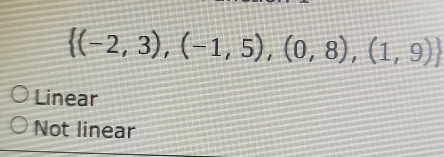  (-2,3),(-1,5),(0,8),(1,9)
Linear
Not linear