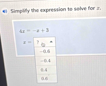 Simplify the expression to solve for x.
4x=-x+3
x=