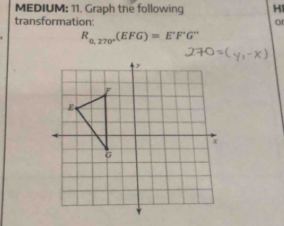 MEDIUM: 11. Graph the following HI 
transformation:
R_0,270°(EFG)=E'F'G''