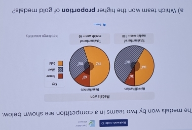 Baokwork code D Calca la eo 
sllowed 
The medals won by two teams in a competition are shown below. 
Medals won 
Holwell Harriers Dean Runnen 
Key
36° 60° Branze 
Silver
144°
1:72 Gold 
medak was Total mumber of Totall number of Not dravn accurately
-11D medals won =60
@ Jasm 
a) Which team won the higher proportion of gold medals?
