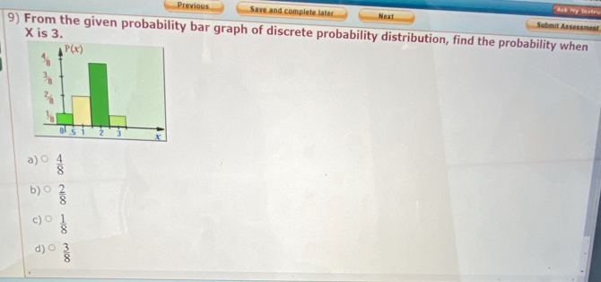 Ask My Instr
Previous Save and complete later Next Submit Assessment
9) From the given probability bar graph of discrete probability distribution, find the probability when
X is 3.
a)  4/8 
b)  2/8 
c)  1/8 
d)  3/8 