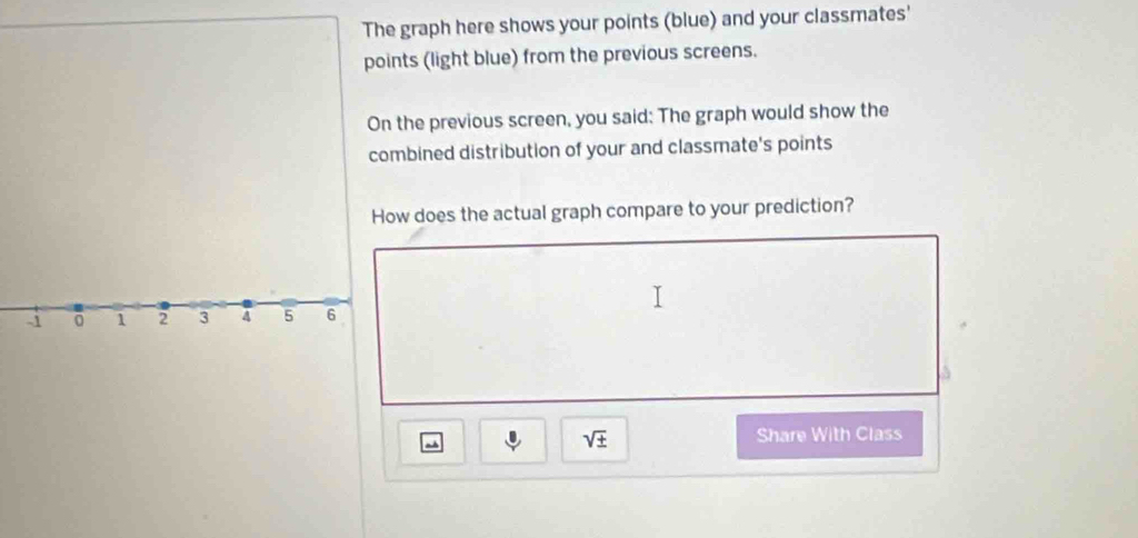 The graph here shows your points (blue) and your classmates' 
points (light blue) from the previous screens. 
On the previous screen, you said: The graph would show the 
combined distribution of your and classmate's points 
How does the actual graph compare to your prediction?
-1 1 2 3 4 5 6
sqrt(± ) Share With Class