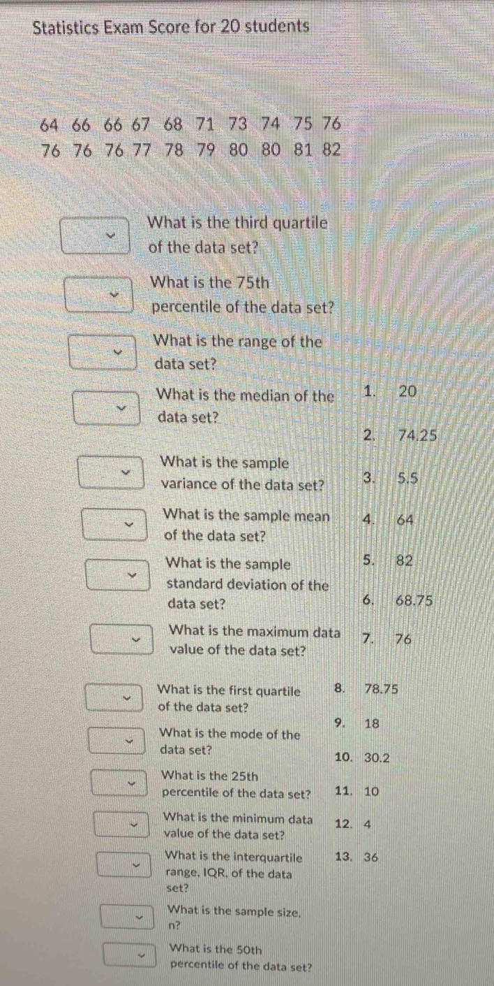 Statistics Exam Score for 20 students
64 66 66 67 68 71 73 74 75 76
76 76 76 77 78 79 80 80 81 82
What is the third quartile
of the data set?
What is the 75th
percentile of the data set?
What is the range of the
data set?
What is the median of the 1. 20
data set?
2. 74.25
What is the sample
variance of the data set? 3. 5.5
What is the sample mean 4. 64
of the data set?
What is the sample 5. 82
standard deviation of the
data set? 6. 68.75
What is the maximum data 7. 76
value of the data set?
What is the first quartile 8. 78.75
of the data set?
9. 18
What is the mode of the
data set?
10. 30.2
What is the 25th
percentile of the data set? 11. 10
What is the minimum data 12. 4
value of the data set?
What is the interquartile 13. 36
range, IQR, of the data
set?
What is the sample size,
n?
What is the 50th
percentile of the data set?