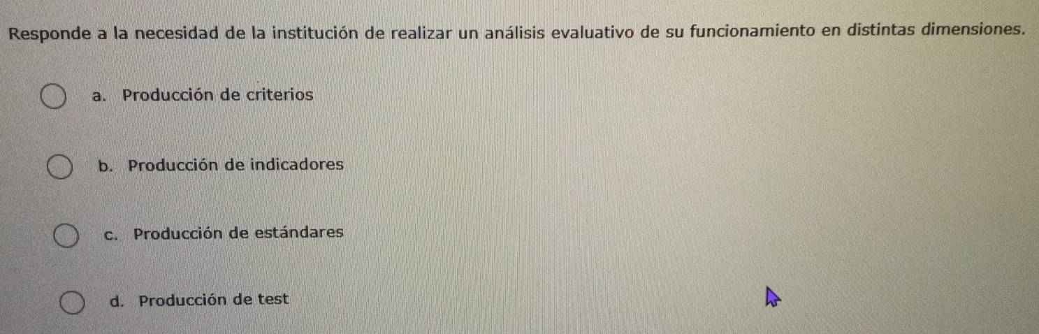 Responde a la necesidad de la institución de realizar un análisis evaluativo de su funcionamiento en distintas dimensiones.
a. Producción de criterios
b. Producción de indicadores
c. Producción de estándares
d. Producción de test