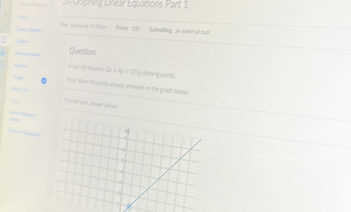 uraphing Linear Equations Part 1 
Sue Snd in 105pm Faints 100 Submitting an external too 
Question 
Sng u qton 2x+4y=12.5g plstting pos 
lote Nove the prints lineady provided on the graph below. 
S a hener) 
Camríe:Atucaten