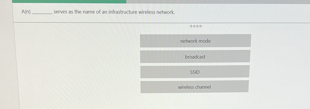 A(n) _ serves as the name of an infrastructure wireless network.
network mode
broadcast
SSID
wireless channel