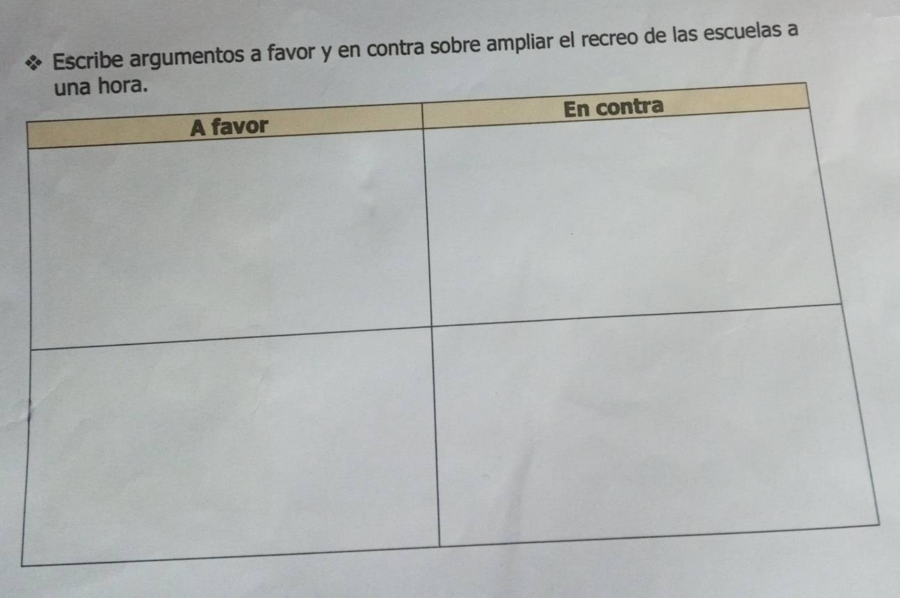 Escribe argumentos a favor y en contra sobre ampliar el recreo de las escuelas a