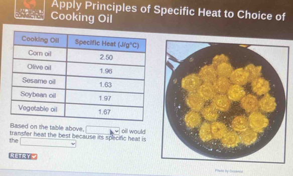 Apply Principles of Specific Heat to Choice of
Cooking Oil
Based on the table above, oil would
transfer heat the best because its specific heat is
the
RETRY
Photo by Dotenist