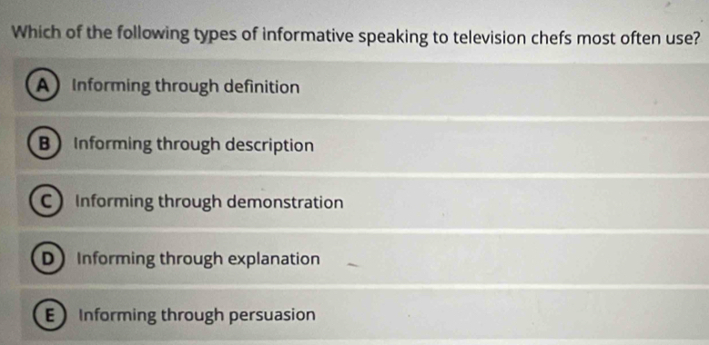 Which of the following types of informative speaking to television chefs most often use?
A Informing through definition
B Informing through description
C Informing through demonstration
D Informing through explanation
E Informing through persuasion