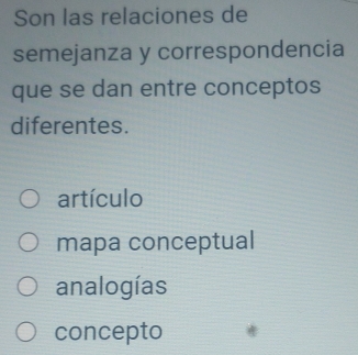 Son las relaciones de
semejanza y correspondencia
que se dan entre conceptos
diferentes.
artículo
mapa conceptual
analogías
concepto