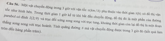 Một vật chuyển động trong 3 giờ với vận tốc v(km / h) phụ thuộc vào thời gian t(h) có đồ thị vận 
tốc như hình bên. Trong thời gian 1 giờ kể từ khi bắt đầu chuyển động, đồ thị đó là một phần của đường 
parabol có đinh I(2;9) và trục đối xứng song song với trục tung, khoảng thời gian còn lại đồ thị là một đoạn 
thẳng song song với trục hoành. Tính quãng đường 8 mà vật chuyển động được trong 3 giờ đó (kết quả làm 
tròn đến hàng phần trăm).