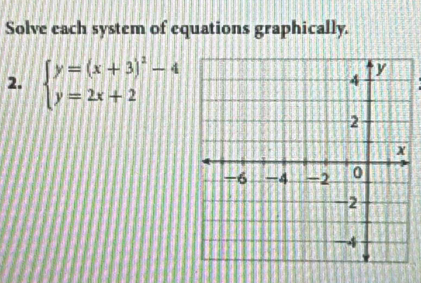 Solve each system of equations graphically. 
2. beginarrayl y=(x+3)^2-4 y=2x+2endarray.