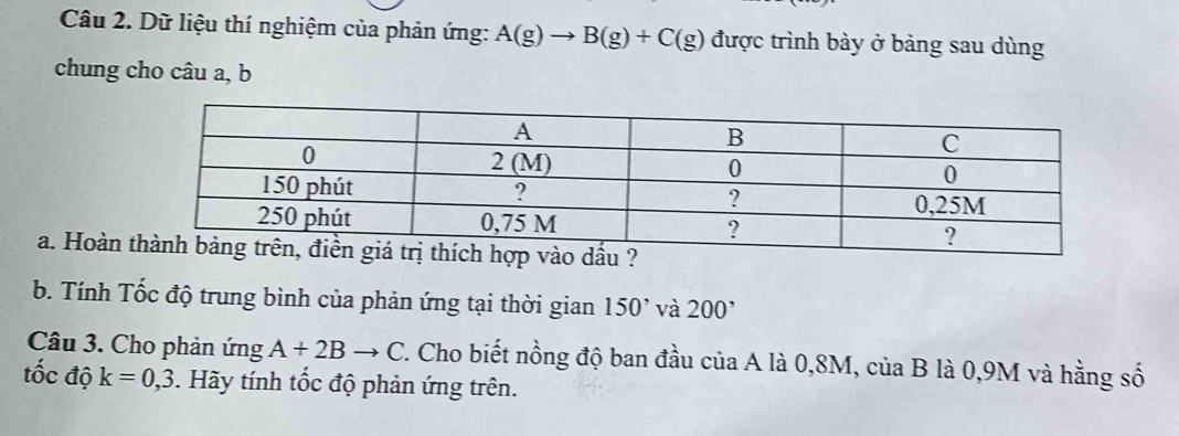 Dữ liệu thí nghiệm của phản ứng: A(g)to B(g)+C(g) được trình bày ở bảng sau dùng
chung cho câu a, b
a. Hoàn
b. Tính Tốc độ trung bình của phản ứng tại thời gian 150^, và 200^,
Câu 3. Cho phản ứng A+2Bto C F. Cho biết nồng độ ban đầu của A là 0,8M, của B là 0,9M và hằng số
tốc độ k=0,3. Hãy tính tốc độ phản ứng trên.