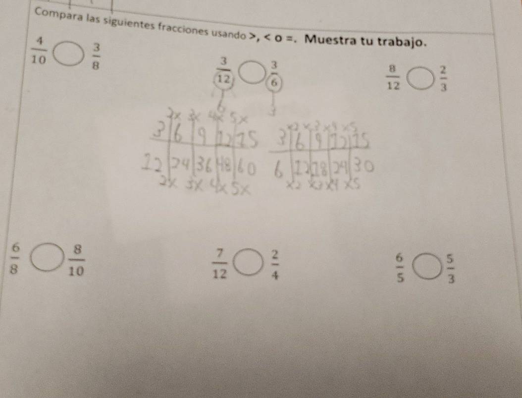 Compara las siguientes fracciones usando , < o  =. Muestra tu trabajo.
 4/10   3/8 
 3/12  frac 3
 8/12   2/3 
 6/8 bigcirc  8/10 
 7/12   2/4 
 6/5   5/3 