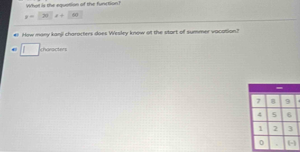 What is the equation of the function?
y= 20 z+ 60
How many kanji characters does Wesley know at the start of summer vacation? 
characters