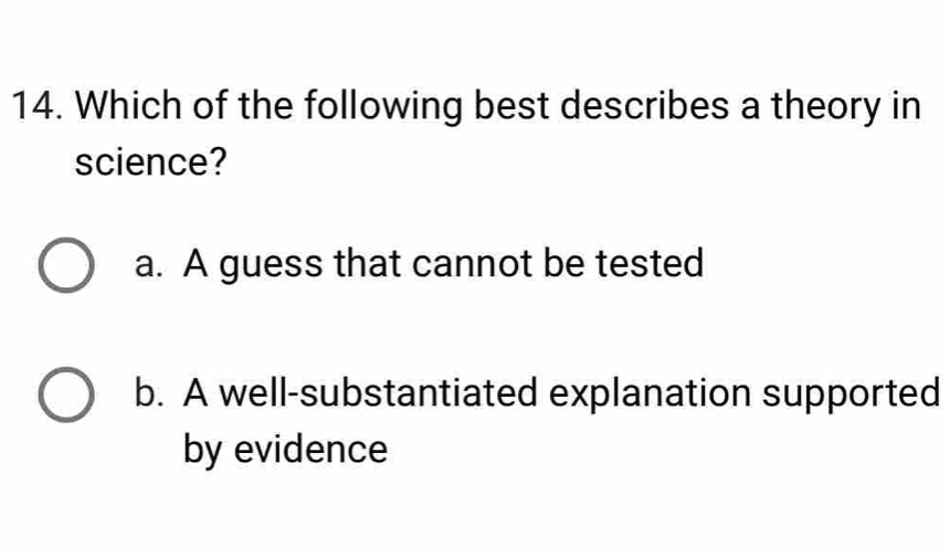 Which of the following best describes a theory in
science?
a. A guess that cannot be tested
b. A well-substantiated explanation supported
by evidence