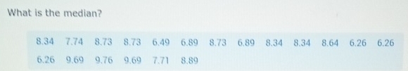 What is the median?
8.34 7.74 8.73 8.73 6.49 6.89 8.73 6.89 8.34 8.34 8.64 6.26 6.26
6.26 9.69 9.76 9.69 7.71 8.89