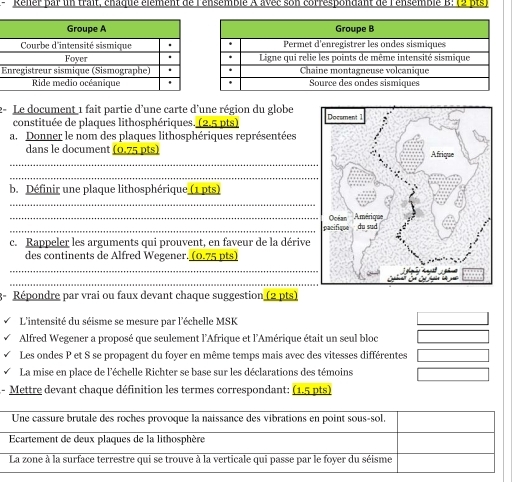 Rener par un trait, châque élément de l'ensémblé A avec son correspondant de l'ensémblé B: (2 pts) 
E 
2- Le document 1 fait partie d'une carte d'une région du globe 
constituée de plaques lithosphériques. (2,5 pts) 
a. Donner le nom des plaques lithosphériques représentées 
_ 
dans le document (0.75 pts) 
_ 
b. Définir une plaque lithosphérique (1 pts) 
_ 
__ 
c. Rappeler les arguments qui prouvent, en faveur de la dérive 
des continents de Alfred Wegener. (0.75 pts) 
_ 
_ 
Répondre par vrai ou faux devant chaque suggestion (2 pts) 
L'intensité du séisme se mesure par l'échelle MSK 
Alfred Wegener a proposé que seulement l'Afrique et l'Amérique était un seul bloc 
Les ondes P et S se propagent du foyer en même temps mais avec des vitesses différentes 
La mise en place de l'échelle Richter se base sur les déclarations des témoins 
- Mettre devant chaque définition les termes correspondant: (1.5 pts) 
Une cassure brutale des roches provoque la naissance des vibrations en point sous-sol. 
Ecartement de deux plaques de la lithosphère 
La zone à la surface terrestre qui se trouve à la verticale qui passe par le foyer du séisme