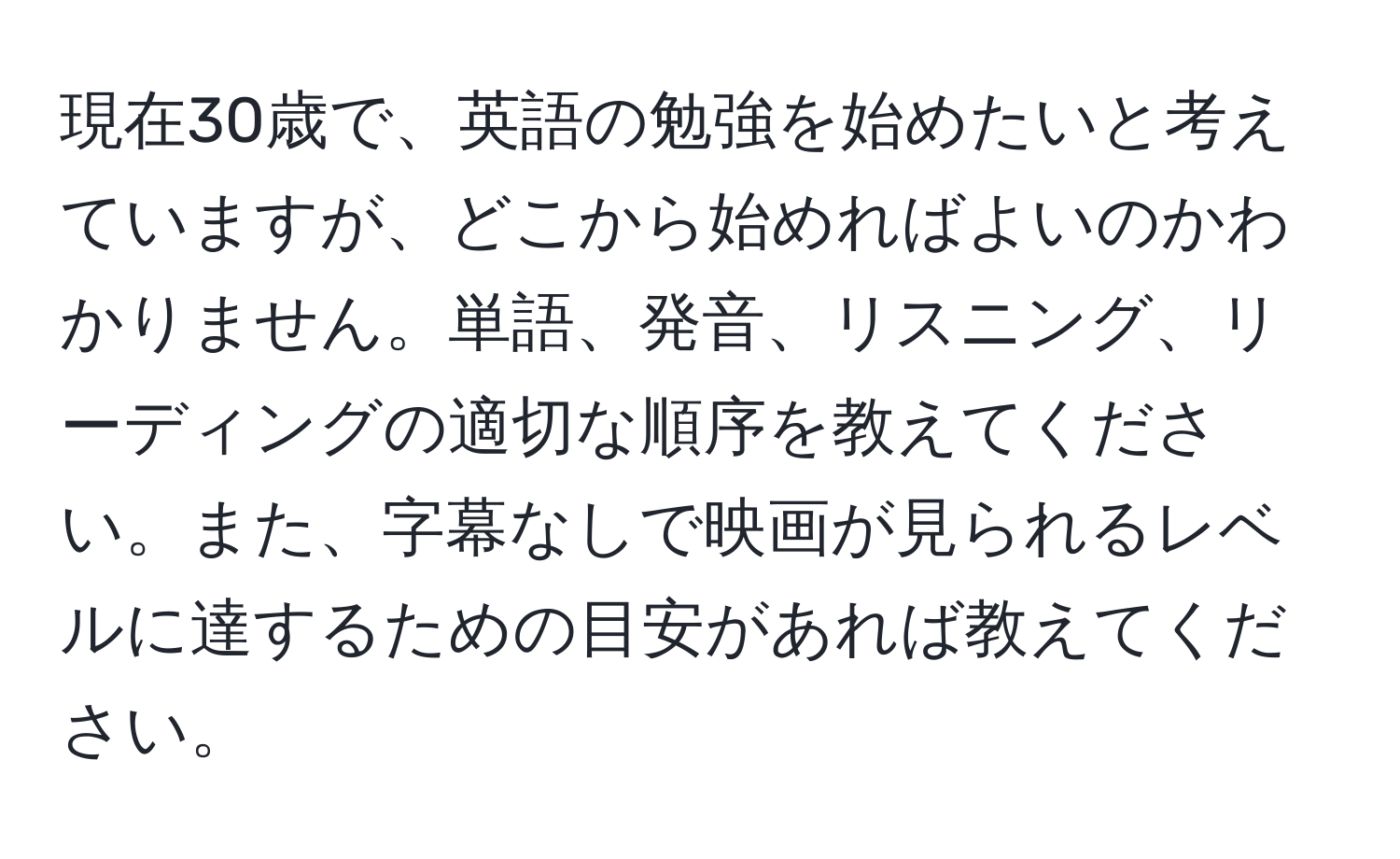 現在30歳で、英語の勉強を始めたいと考えていますが、どこから始めればよいのかわかりません。単語、発音、リスニング、リーディングの適切な順序を教えてください。また、字幕なしで映画が見られるレベルに達するための目安があれば教えてください。