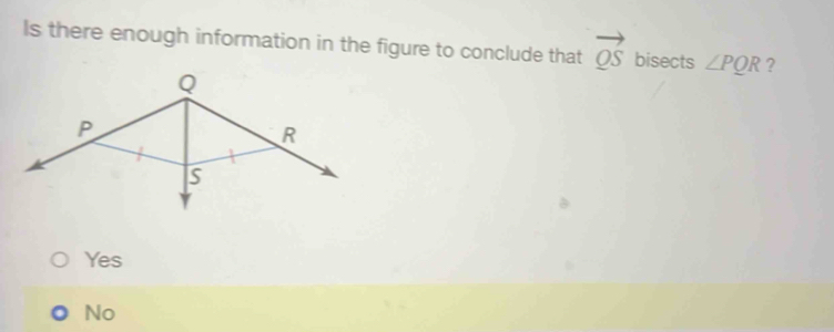 Is there enough information in the figure to conclude that vector QS bisects ∠ PQR ?
Yes
No