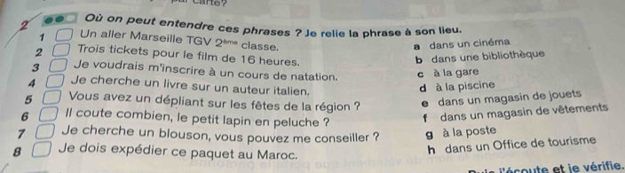 carte?
.
2 Où on peut entendre ces phrases ? Je relie la phrase à son lieu
1 Un aller Marseille TGV 2^(bme) classe.
a dans un cinéma
2 Trois tickets pour le film de 16 heures.
b dans une bibliothèque
3 Je voudrais m'inscrire à un cours de natation. c à la gare
4 Je cherche un livre sur un auteur italien.
d à la piscine
5 Vous avez un dépliant sur les fêtes de la région ? e dans un magasin de jouets
6 ll coute combien, le petit lapin en peluche ?
f dans un magasin de vêtements
7 Je cherche un blouson, vous pouvez me conseiller ? g à la poste
h dans un Office de tourisme
8 Je dois expédier ce paquet au Maroc.
l'écoute et le vérifie.