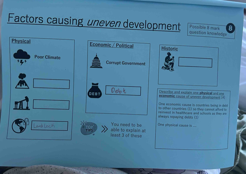 Factors causing uneven development question knowledge
Possible 8 mark 8
Physical Economic / Political Historic
Poor Climate Corrupt Government
Describe and explain one physical and one
DEBT economic cause of uneven development (4]
One economic cause is countries being in debt
to other countries (1) so they cannot afford to
reinvest in healthcare and schools as they are
always repaying debts (1)
TOP
You need to be One physical cause is ....
TIPS able to explain at
least 3 of these