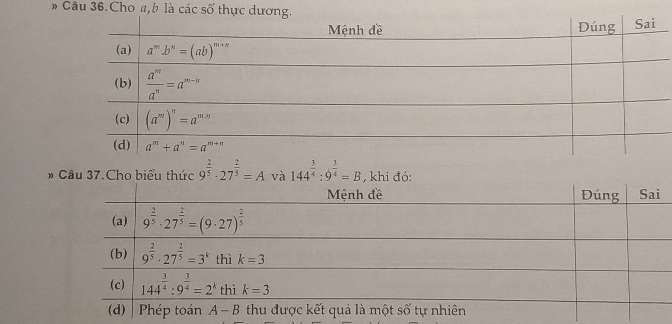 » Câu 36.Cho a,b là các số
# Câu 37.Cho biểu thức 9^(frac 2)5· 27^(frac 2)5=A và 144^(frac 3)4:9^(frac 3)4=B