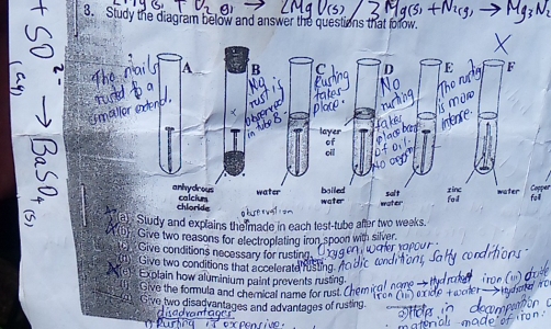 Study the diagram below and answer the questions that foow. 
lCopper 
Study and explains thelmade in each test-tube after two weeks. 
Give two reasons for electroplating iron spoon with silver 
Give conditions necessary for rusting 
Give two conditions that accelerate rusting 
Explain how aluminium paint prevents rusting 
Give the formula and cherical name for rust.C 
Give two disadvantages and advantages of rusting.