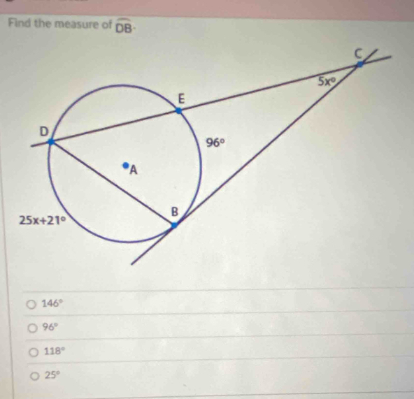 Find the measure of widehat DB
146°
96°
118°
25°