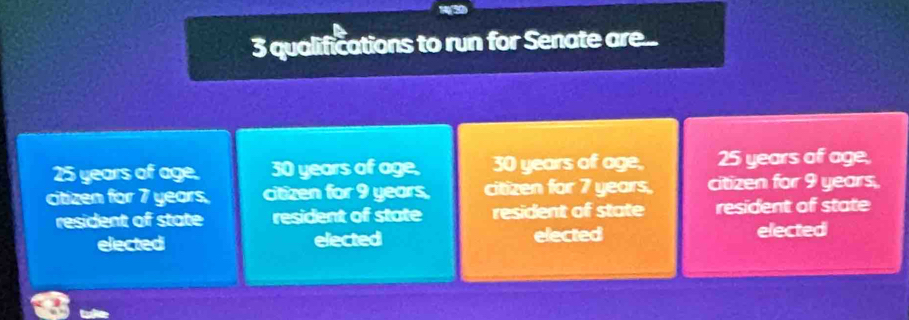 qualifications to run for Senate are...
25 years of age. 30 years of age, 30 years of age, 25 years of age,
citizen for 7 years. citizen for 9 years, citizen for 7 years, citizen for 9 years.
resident of state resident of state resident of state resident of state
elected elected elected elected