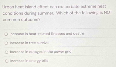 Urban heat island effect can exacerbate extreme heat
conditions during summer. Which of the following is NOT
common outcome?
Increase in heat-related illnesses and deaths
Increase in tree survival
Increase in outages in the power grid
Increase in energy bills