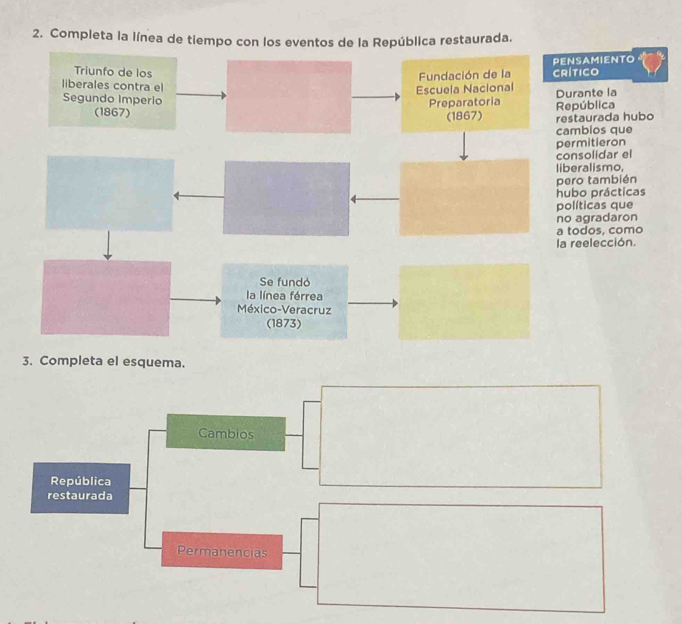 Completa la línea de tiempo con los eventos de la República restaurada. 
SAMIENTO 
tico 
rante la 
ública 
taurada hubo 
bios que 
mitieron 
solidar el 
ralismo, 
o también 
o prácticas 
íticas que 
agradaron 
odos, como 
eelección. 
3. Completa el esquema. 
Cambios 
República 
restaurada 
Permanencias