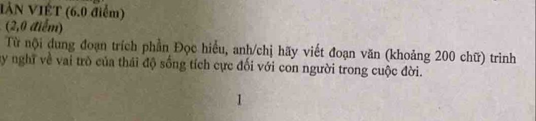 IẢN VIÊT (6.0 điểm) 
(2,0 diểm) 
Từ nội dung đoạn trích phần Đọc hiểu, anh/chị hãy viết đoạn văn (khoảng 200 chữ) trình 
y nghĩ về vai trò của thái độ sống tích cực đối với con người trong cuộc đời.