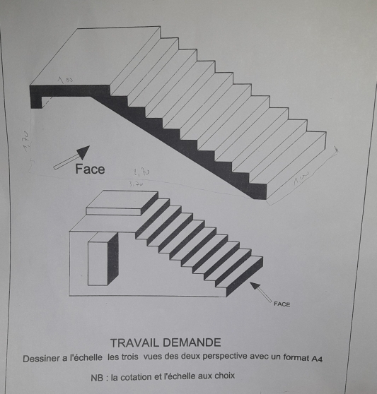 TRAVAIL DEMANDE 
Dessiner a l'échelle les trois vues des deux perspective avec un format A4 
NB : la cotation et l'échelle aux choix