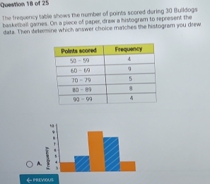 The frequency table shows the number of points scored during 30 Bulldogs 
basketball games. On a piece of paper, draw a histogram to represent the 
data. Then determine which answer choice matches the histogram you drew 
PREVIOUS