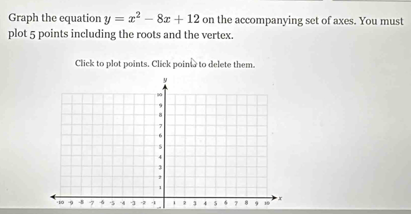 Graph the equation y=x^2-8x+12 on the accompanying set of axes. You must 
plot 5 points including the roots and the vertex. 
Click to plot points. Click points to delete them.