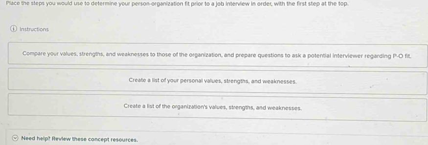 Place the steps you would use to determine your person-organization fit prior to a job interview in order, with the first step at the top. 
ⓘ Instructions 
Compare your values, strengths, and weaknesses to those of the organization, and prepare questions to ask a potential interviewer regarding P -O fit. 
Create a list of your personal values, strengths, and weaknesses. 
Create a list of the organization's values, strengths, and weaknesses. 
Need help? Review these concept resources.