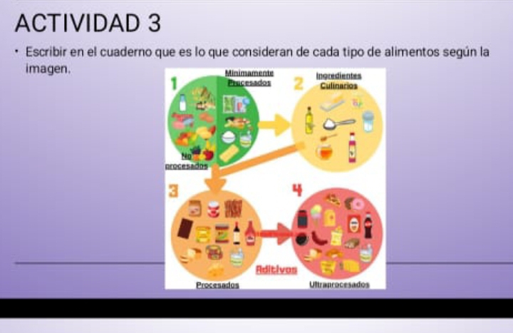 ACTIVIDAD 3 
Escribir en el cuaderno que es lo que consideran de cada tipo de alimentos según la 
imagen.