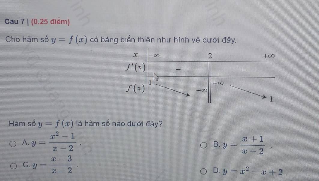 Cho hàm số y=f(x) có bảng biến thiên như hình vẽ dưới đây.
Hàm số y=f(x) là hàm số nào dưới đây?
A. y= (x^2-1)/x-2  y= (x+1)/x-2 .
B.
C. y= (x-3)/x-2 .
D. y=x^2-x+2.