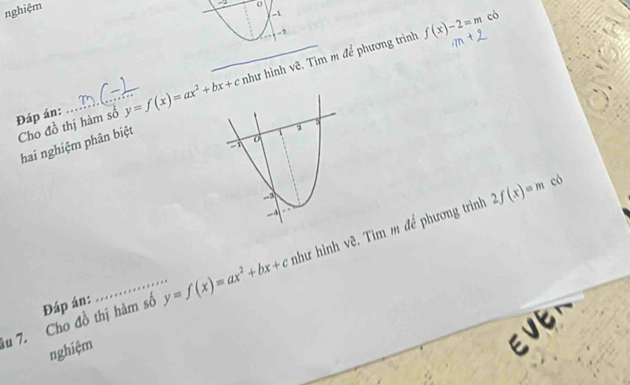 nghiệm 
- o 
-
-2
f(x)-2=m có 
Đáp án: _ y=f(x)=ax^2+bx+c _ như hình vẽ, Tìm m để phương trình 
Cho đồ thị hàm số 
hai nghiệm phân biệt
2f(x)=m có 
u 7. Cho đồ thị hàm số y=f(x)=ax^2+bx+c như hình vẽ. Tìm m đề phương trình 
Đáp án: 
nghiệm