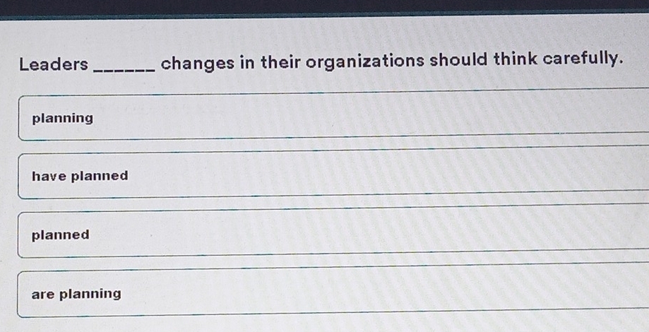 Leaders_ changes in their organizations should think carefully.
planning
have planned
planned
are planning