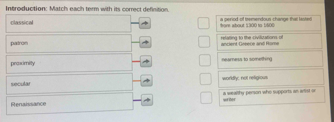 Introduction: Match each term with its correct definition.
classical a period of tremendous change that lasted
from about 1300 to 1600
relating to the civilizations of
patron ancient Greece and Rome
proximity nearness to something
secular worldly; not religious
a wealthy person who supports an artist or
writer
Renaissance