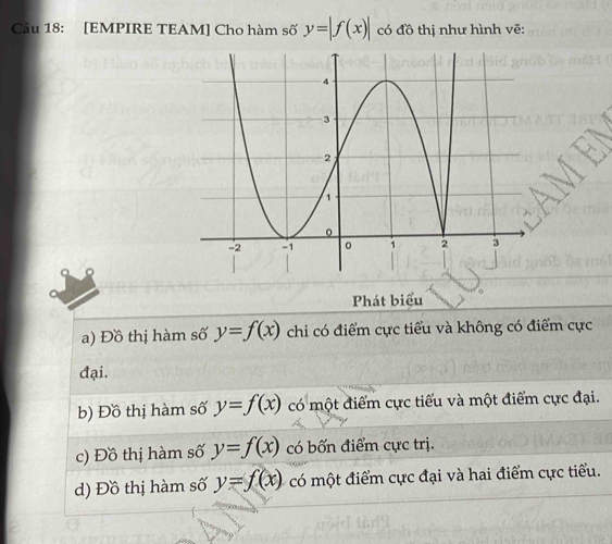 [EMPIRE TEAM] Cho hàm số y=|f(x)| có đồ thị như hình vẽ:
Phát biểu
a) Đồ thị hàm số y=f(x) chi có điểm cực tiểu và không có điểm cực
đại.
b) Đồ thị hàm số y=f(x) có một điểm cực tiểu và một điểm cực đại.
c) Đồ thị hàm số y=f(x) có bốn điểm cực trị.
d) Đồ thị hàm số y=f(x) có một điểm cực đại và hai điểm cực tiểu.