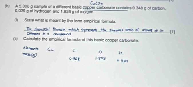 A 5.000 g sample of a different basic copper carbonate contains 0.348 g of carbon,
0.029 g of hydrogen and 1.858 g of oxygen. 
(i) State what is meant by the term empirical formula. 
1 
(ii) Calculate the empirical formula of this basic copper carbonate.