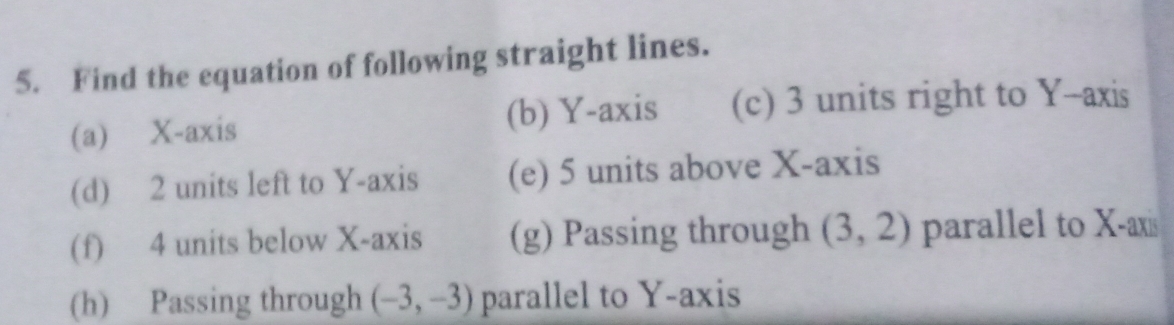 Find the equation of following straight lines. 
(a) X-axis (b) Y-axis (c) 3 units right to Y-axis 
(d) 2 units left to Y-axis (e) 5 units above X-axis 
(f) 4 units below X-axis (g) Passing through (3,2) parallel to X -ax 
(h) Passing through (-3,-3) parallel to Y-axis