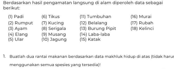 Berdasarkan hasil pengamatan langsung di alam diperoleh data sebagai 
berikut: 
(1) Padi (6) Tikus (11) Tumbuhan (16) Murai 
(2) Rumput (7) Kucing (12) Belalang (17) Rubah 
(3) Ayam (8) Serigala (13) Burung Pipit (18) Kelinci 
(4) Elang (9) Musang (14) Laba-laba 
(5) Ular (10) Jagung (15) Katak 
1. Buatlah dua rantai makanan berdasarkan data makhluk hidup di atas (tidak harus 
menggunakan semua spesies yang tersedia)!