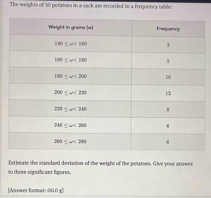 The weights of 50 potatoes in a sack are recorded in a frequency table:
Estimate the standard deviation of the weight of the potatoes. Give your answer
to three significant figures.
[Answer format: 00.0 g]