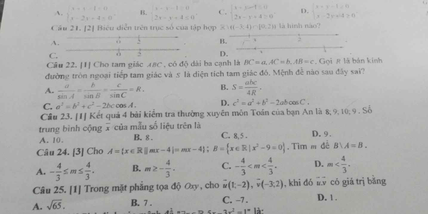 A. beginarrayl x+y-1≤ 0 x-2y+4≤ 0endarray. . B. beginarrayl x+y-1≥ 0 2x-y+4≤ 0endarray. . C. beginarrayl x+y-4≤ 0 2x-y+4≥ 0endarray. . D. beginarrayl x+y-1≥ 0 x-2y+4≥ 0endarray. .
Câu 21. [2] Biểu diễn trên trục số của tập hợp 8)((-3;4)∩ [0;2)) là hình nào?
A.
√
B. 3 ,
C.
2
D.

Câu 22. [1] Cho tam giác ABC , có độ dài ba cạnh là BC=a,AC=b,AB=c. Gọi R là bán kính
đường tròn ngoại tiếp tam giác và 5 là diện tích tam giác đó. Mệnh đề nào sau đây sai?
B.
A.  a/sin A = b/sin B = c/sin C =R. S= abc/4R .
C. a^2=b^2+c^2-2bccos A.
D. c^2=a^2+b^2-2abcos C.
Câu 23. [1] Kết quả 4 bài kiểm tra thường xuyên môn Toán của bạn An là 8; 9; 10; 9 . Số
trung bình cộng overline x của mẫu số liệu trên là
A. 10. B. 8 .
C. 8,5 . D. 9.
Câu 24. [3] Cho A= x∈ R||mx-4|=mx-4 ;B= x∈ R|x^2-9=0.Tìm m để Bsqrt(A)=B.
A. - 4/3 ≤ m≤  4/3 .
C.
B. m≥ - 4/3 . - 4/3 
D. m
Câu 25. [1] Trong mặt phẳng tọa độ Oxy, cho vector u(1;-2),vector v(-3;2) , khi đó frac C có giá trị băng
D. 1 .
A. sqrt(65).
B. 7 . C. -7 .
5x-3x^2-1'' là: