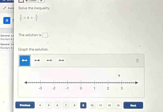 Listen 
Assi Solve the inequality.
 2/7 >b+ 5/7 
General_Le The solution is □ . 
Florida's B 
General Le 
Florida's B.I Graph the solution. 
Previous 4 5 6 7 8. 10 11 12 13 Next